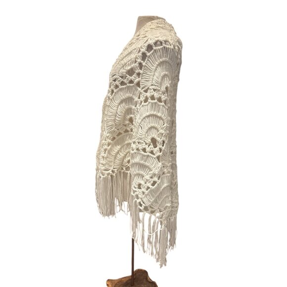 Hand-Crocheted Ivory Fringe Shawl Wrap | Boho Festival Cottagecore Macramé Knit - Picture 3 of 6